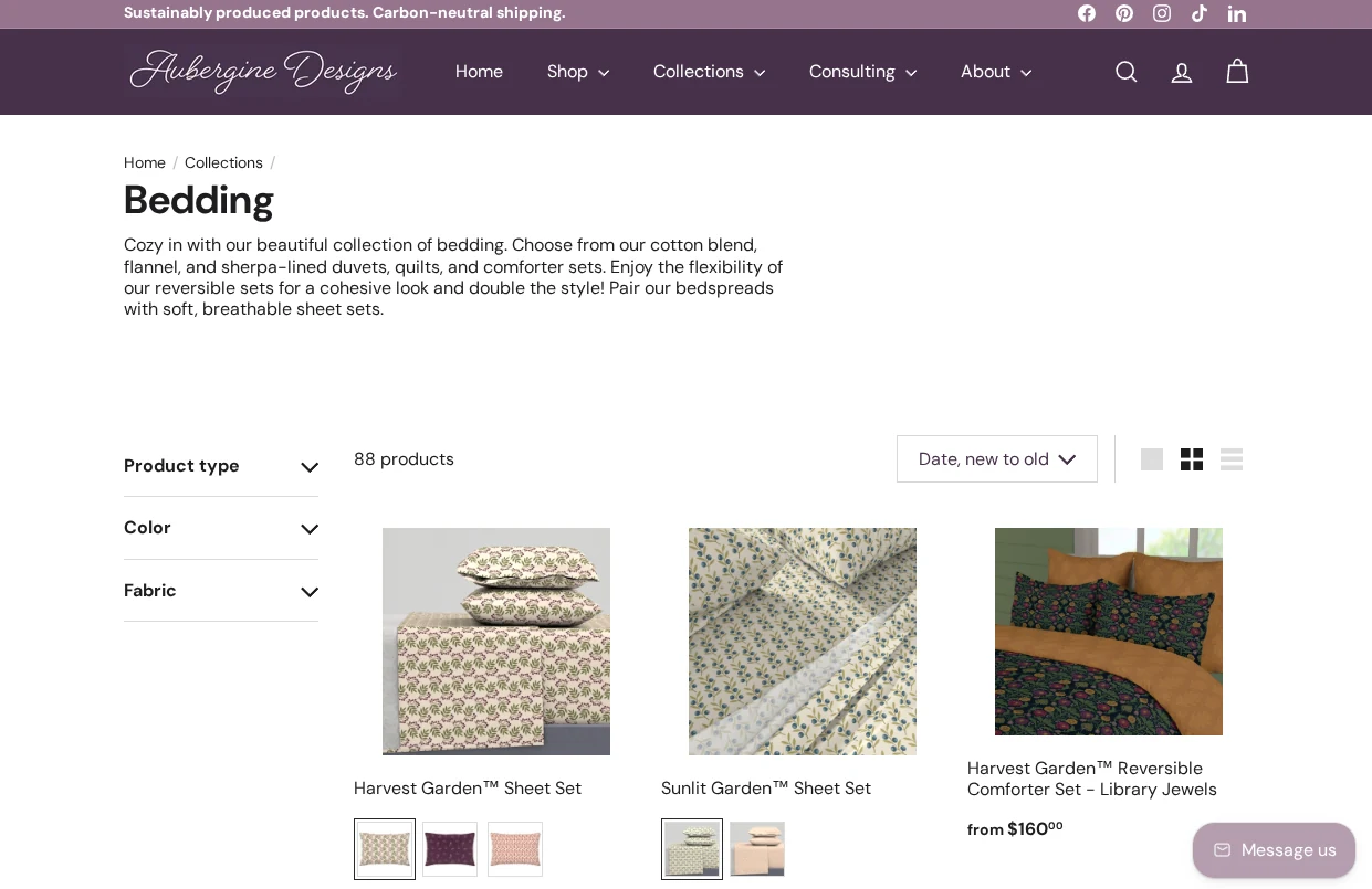 Aubergine Designs storefront showing bedding collections