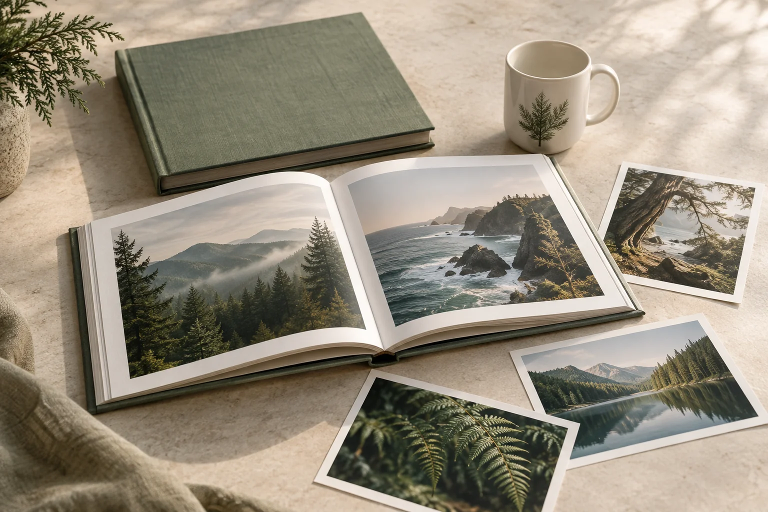An open landscape album, loose prints, a closed album, and a botanical mug on a pale tabletop.